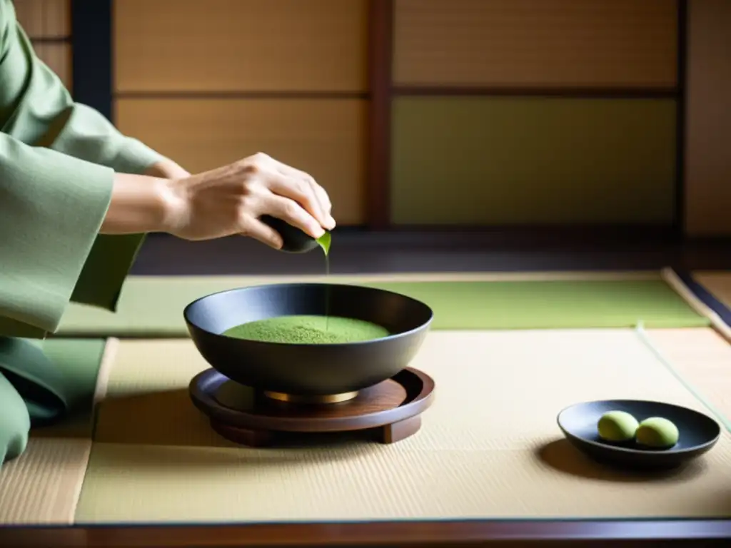 Una ceremonia del té japonesa en una serena habitación tatami, capturando la interpretación de 'La elegancia del erizo' en Japón