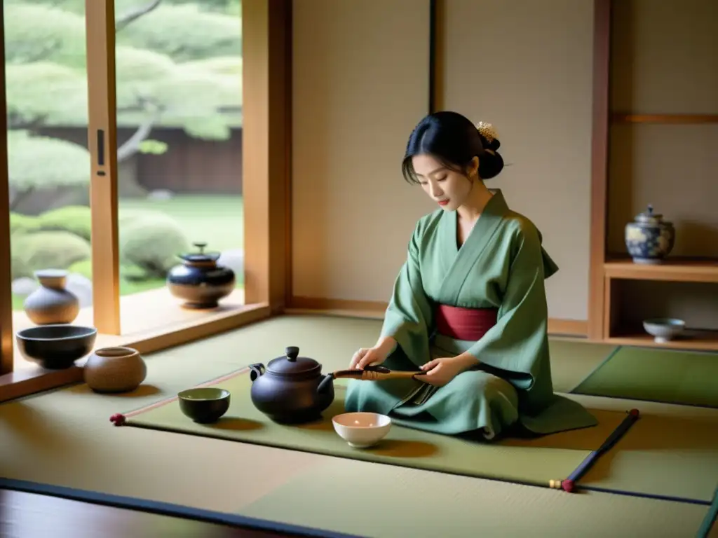 Una ceremonia del té japonesa zen en una serena habitación tatami, con anfitrión preparando matcha y utensilios de té