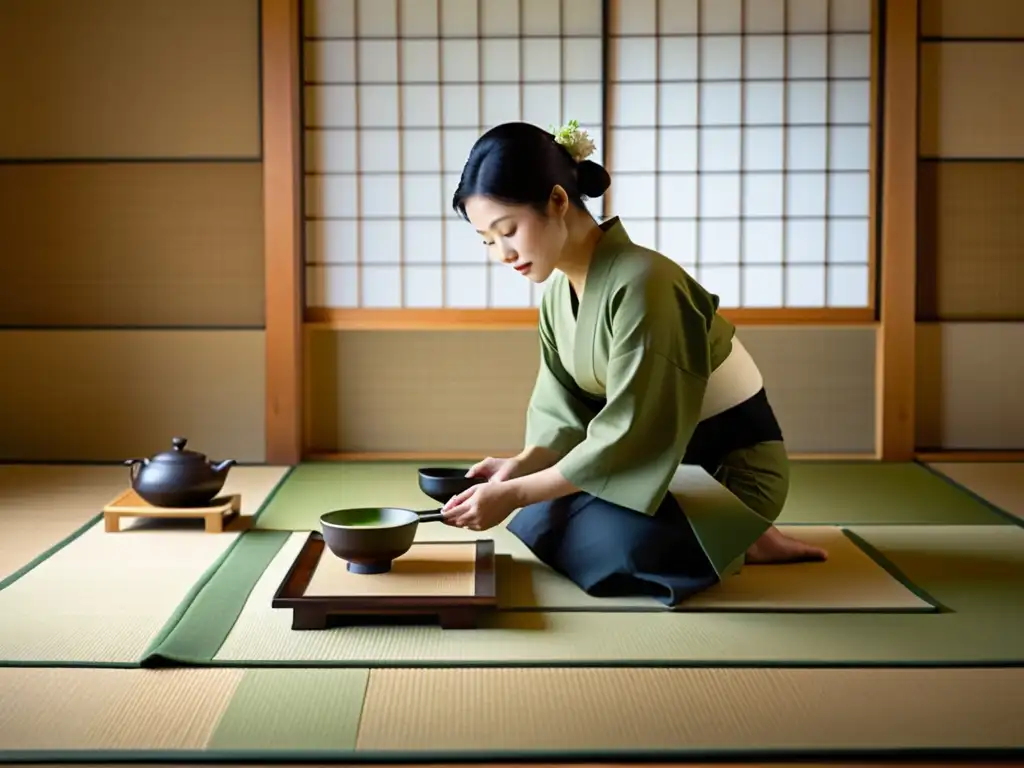 Un ceremonia del té japonesa en una serena sala tatami con técnicas de negociación inspiradas en Asia