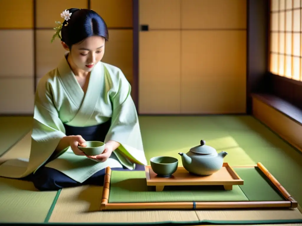 Una ceremonia del té japonesa en una serena habitación con tatamis, una anfitriona en kimono prepara con precisión el té matcha