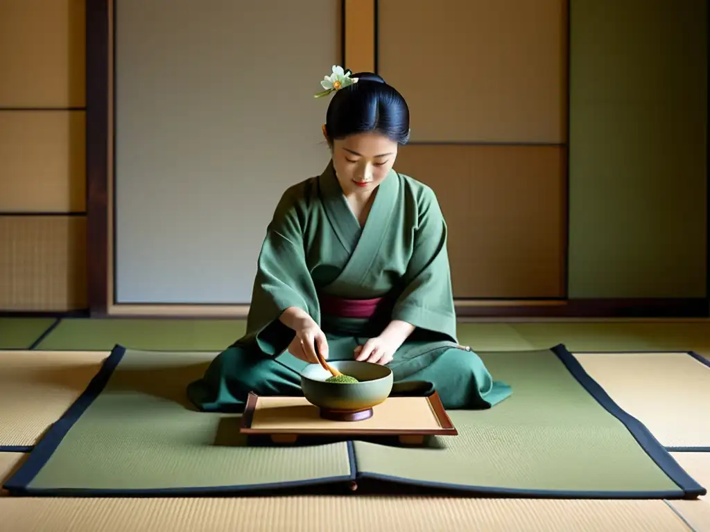 Una fotografía de alta resolución de una ceremonia del té japonesa en una serena habitación tatami