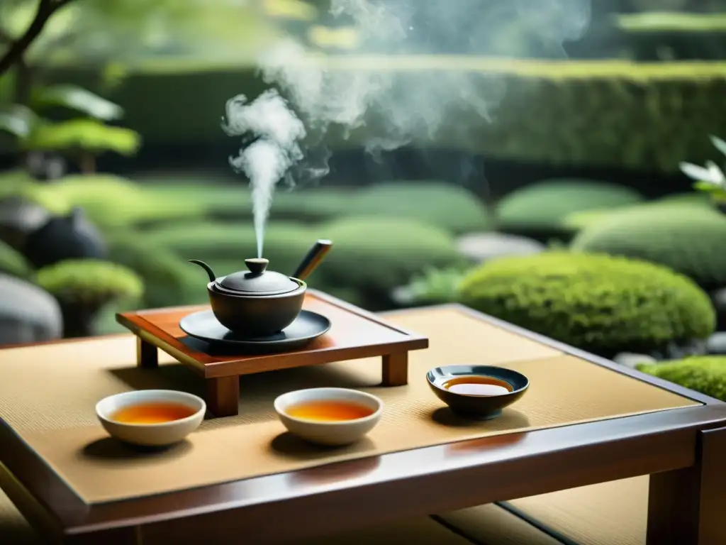 Exquisita ceremonia del té en jardín japonés Una ceremonia del té japonesa en un jardín sereno, con una rica tradición cultural y detalles impresionantes