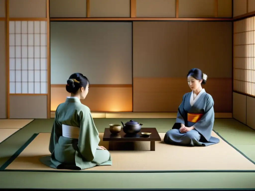 Una ceremonia del té japonesa tradicional en un entorno minimalista, destacando la armonía entre tradición y modernidad en la literatura asiática