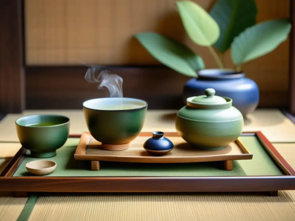 Una ceremonia del té japonesa tradicional con un exquisito juego de té de madera y porcelana