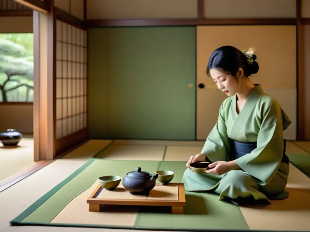 Una ceremonia del té japonesa tradicional en una habitación de tatami, con luz suave y tranquilidad