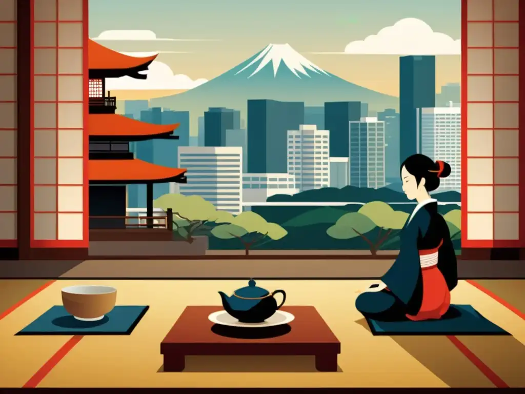 Una ceremonia del té japonesa tradicional se fusiona con influencias occidentales en un escenario urbano, destacando la integración en el estilo anime