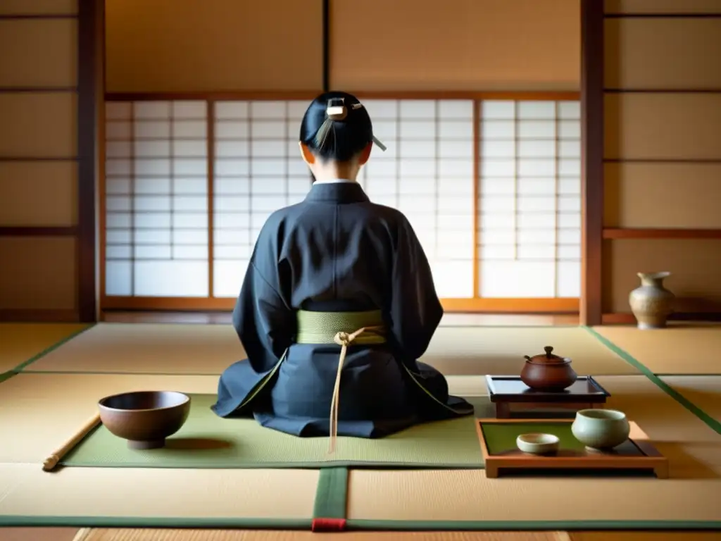 Una ceremonia del té japonesa tradicional en Kyoto con detalles precisos y una atmósfera serena que refleja la cultura japonesa tradicional en Kyoto