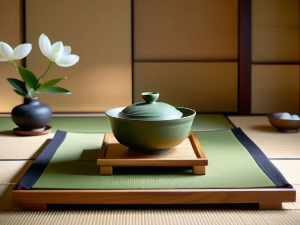 Una ceremonia del té japonesa tradicional en una sala de tatami serena, con un maestro preparando matcha, utensilios y flores