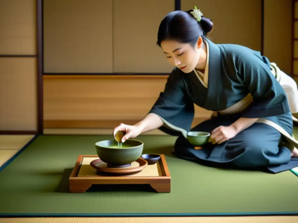 Una ceremonia del té japonesa tradicional se desarrolla en una sala de tatami en Kyoto, creando una atmósfera serena y llena de cultura japonesa tradicional en Kyoto