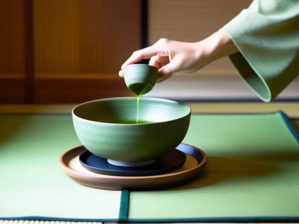 Una ceremonia del té japonesa tradicional en una sala de tatami serena, resaltando los beneficios del té matcha para la salud