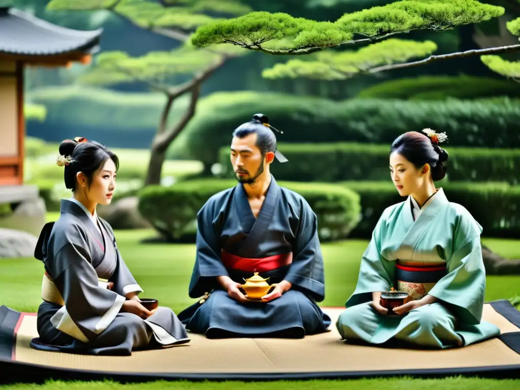 Una ceremonia del té japonesa tradicional con samuráis y dignatarios en una negociación formal en un jardín sereno