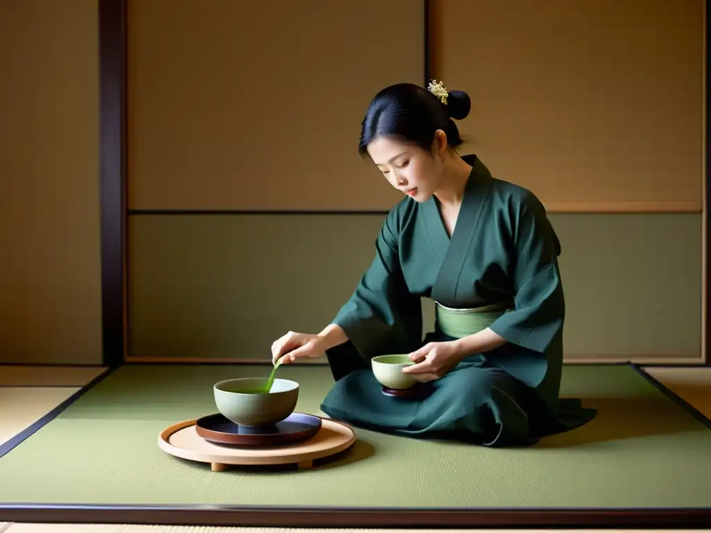 Una ceremonia del té japonesa tradicional en una serena habitación tatami, capturando la belleza visual del cine asiático contemporáneo