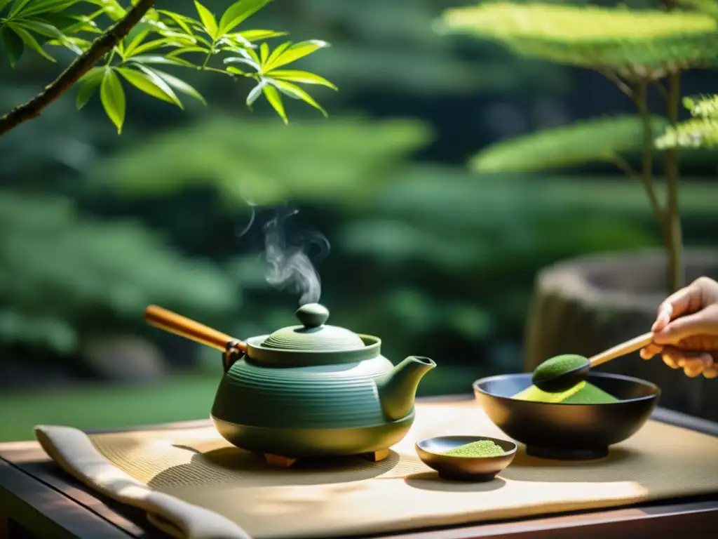 Una ceremonia del té japonesa tradicional en un jardín sereno