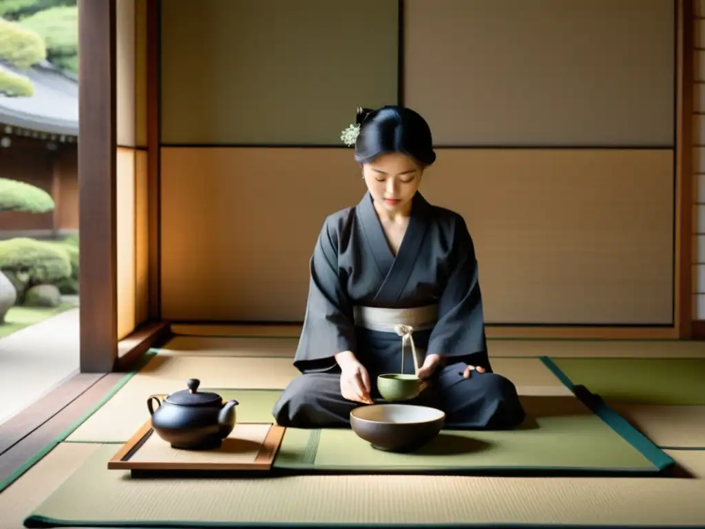 Una ceremonia del té japonesa tradicional se desarrolla en un jardín tranquilo, con atención meticulosa a los detalles