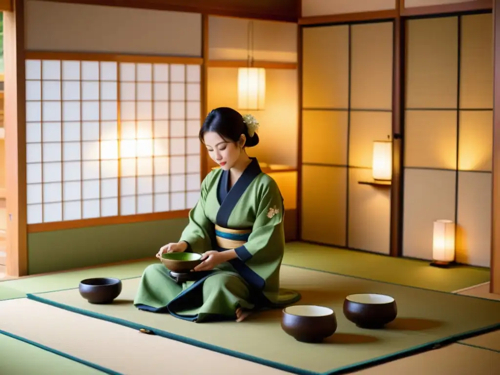 Una ceremonia del té japonesa en una tranquila sala de tatami, con una anfitriona con kimono vertiendo matcha en tazones mientras los invitados observan con reverencia