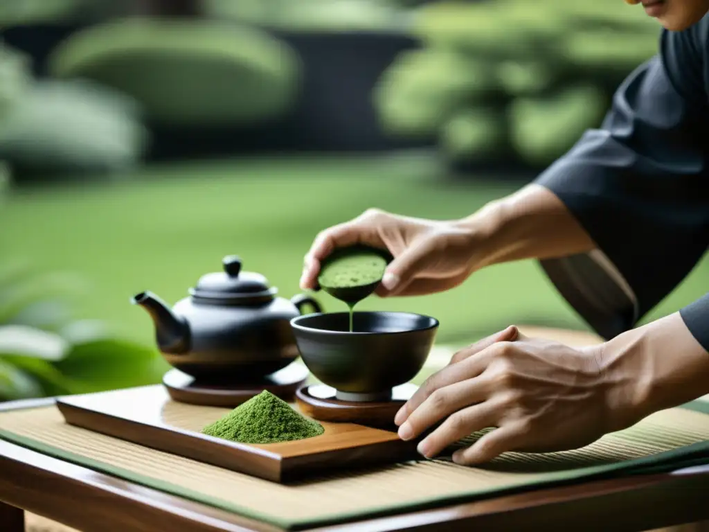 Una ceremonia del té japonesa en un jardín tranquilo, mostrando la preparación meticulosa del matcha