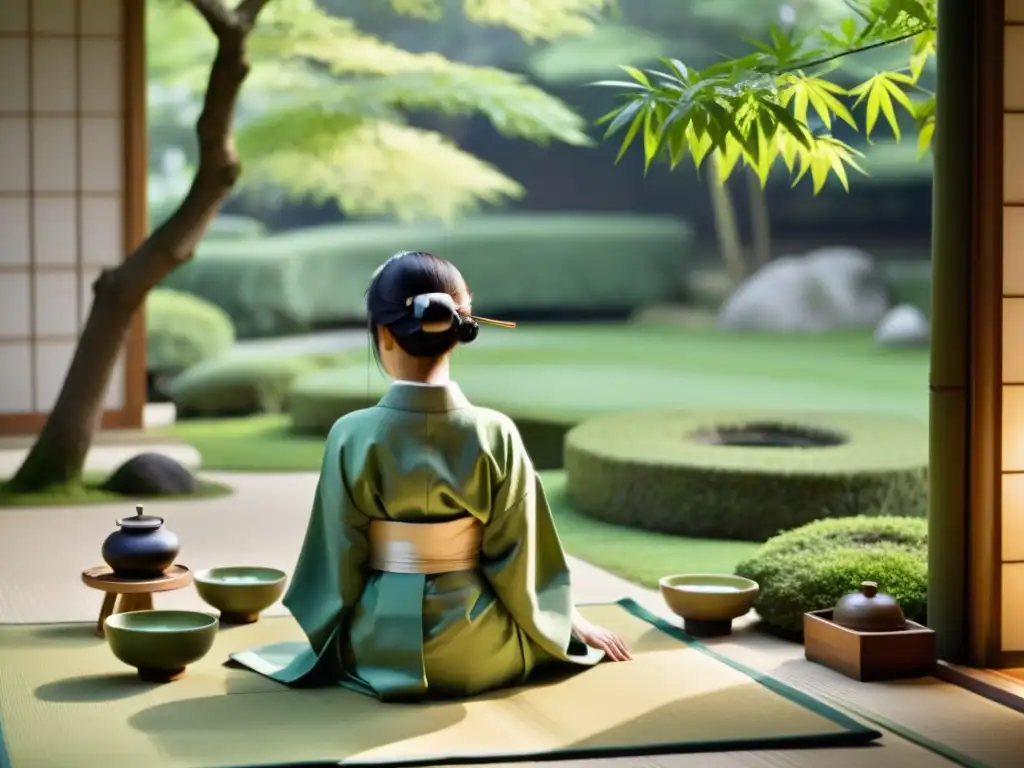 Una ceremonia del té japonesa zen se desarrolla en un jardín tranquilo, evocando serenidad y elegancia atemporal