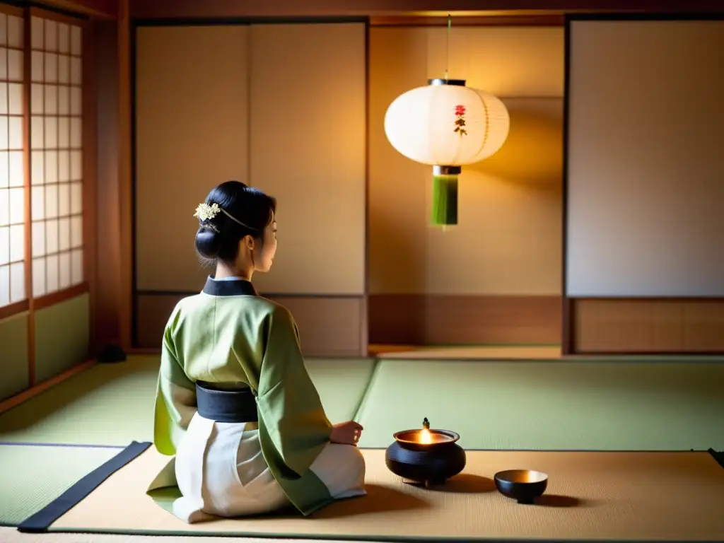 Una ceremonia del té japonesa en un tranquilo tatami, con una anfitriona elegantemente vestida y huéspedes en reverencia