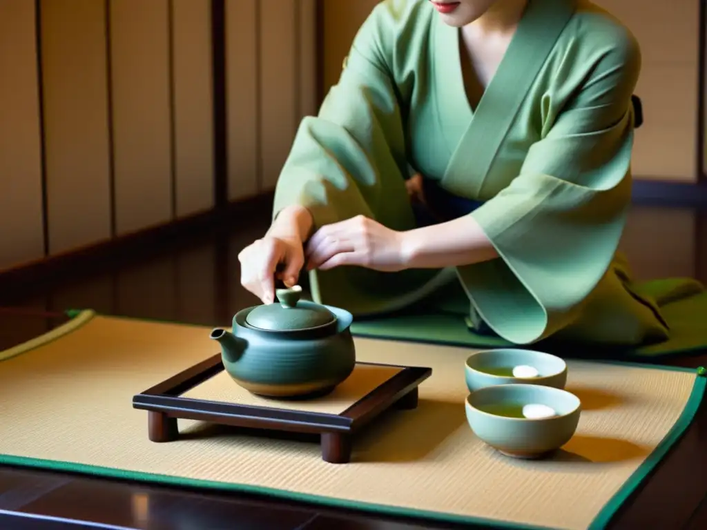 Una ceremonia del té japonesa con utensilios y anfitriona en kimono, representa la belleza y armonía de las tradiciones asiáticas