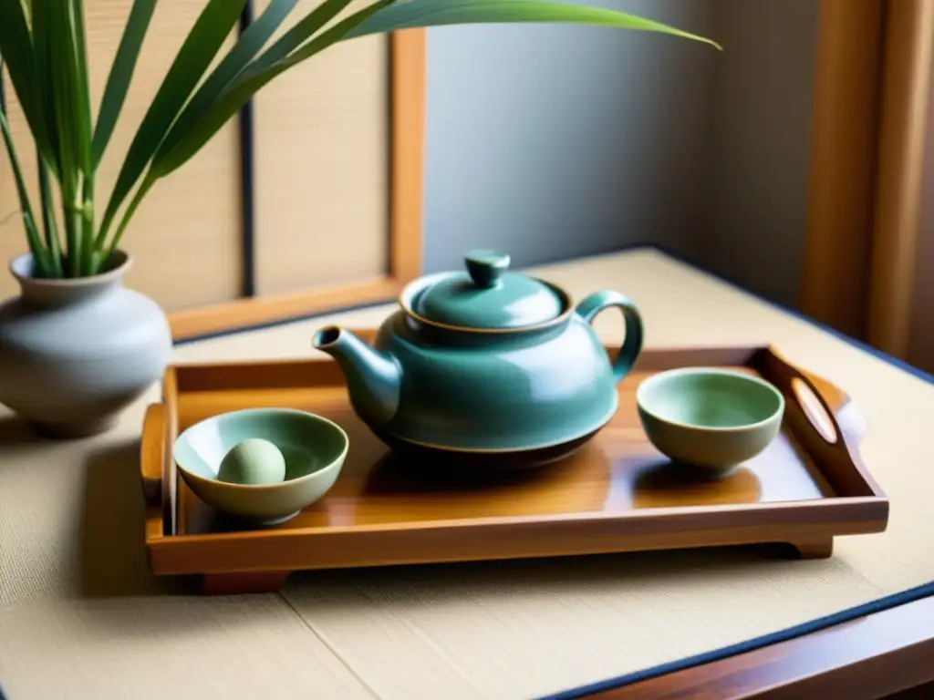 Una ceremonia del té en Asia con un juego tradicional japonés en una bandeja de madera, iluminada suavemente a través de una pantalla shoji