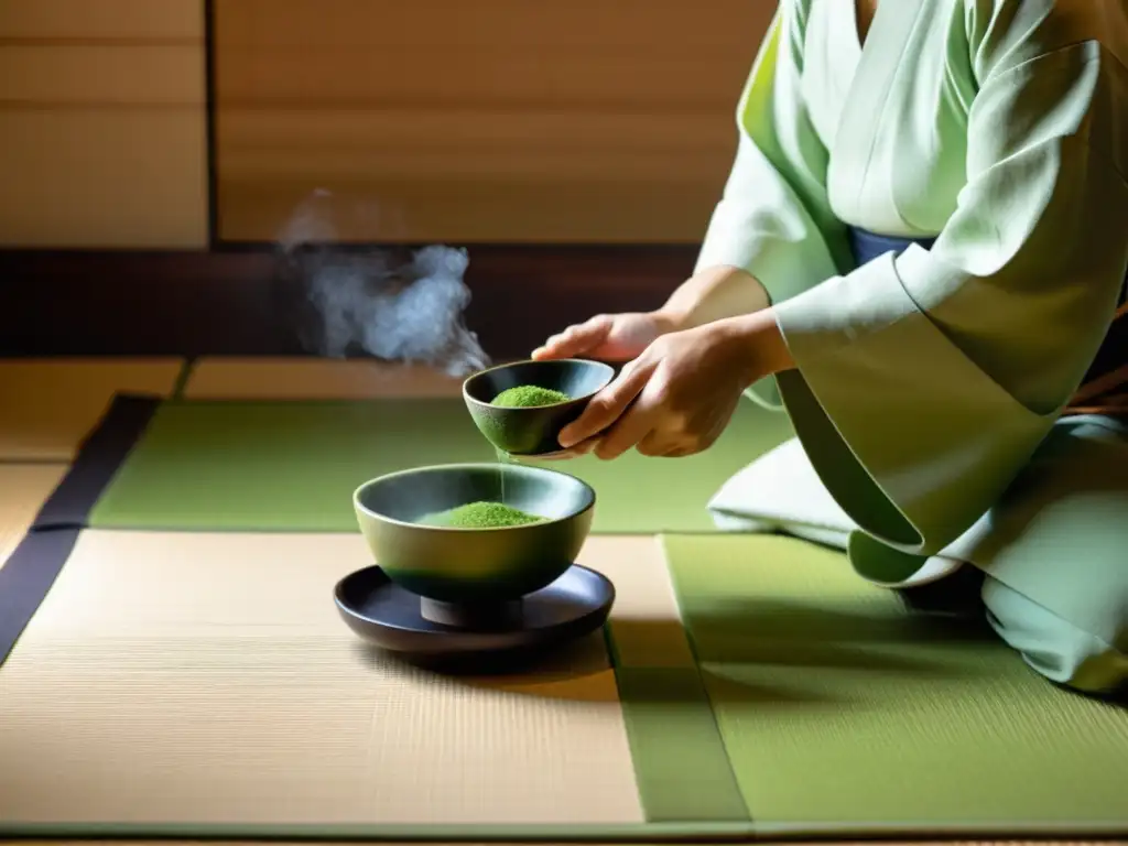 Una ceremonia del té en Asia: un maestro del té en kimono prepara matcha en una sala tranquila con luz natural filtrada