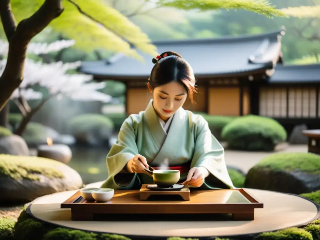 Ceremonia del Té en Asia: Maestro del té vierte matcha en tazas de cerámica en un jardín japonés sereno, con luz cálida entre los cerezos en flor