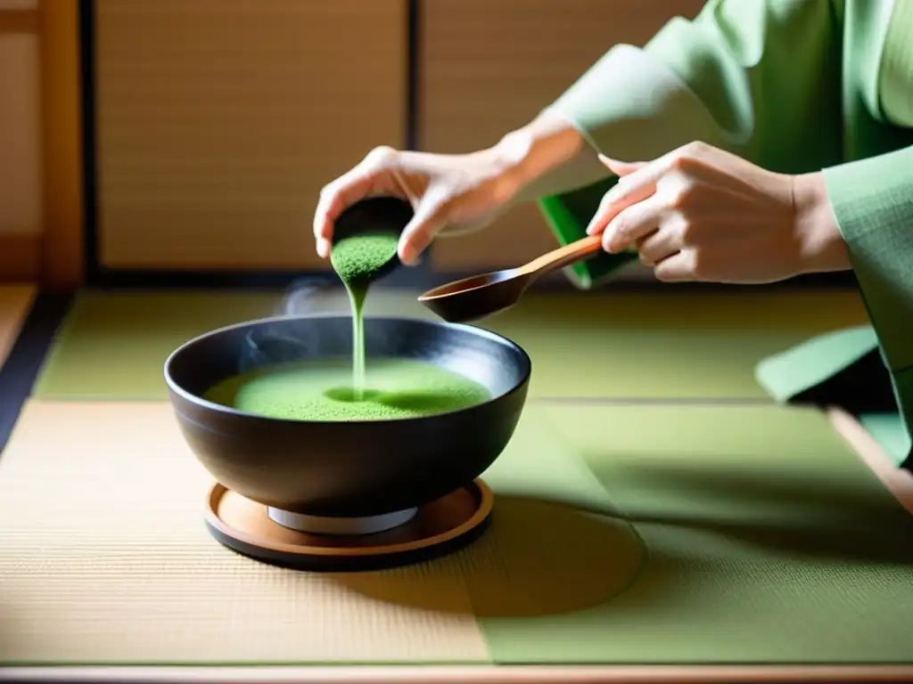 Una ceremonia del té matcha tradicional japonesa en una serena habitación tatami, con detalles y movimientos precisos