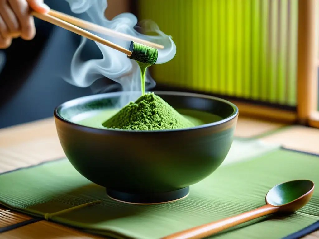 Una ceremonia del té matcha tradicional japonesa en una habitación serena con luz natural