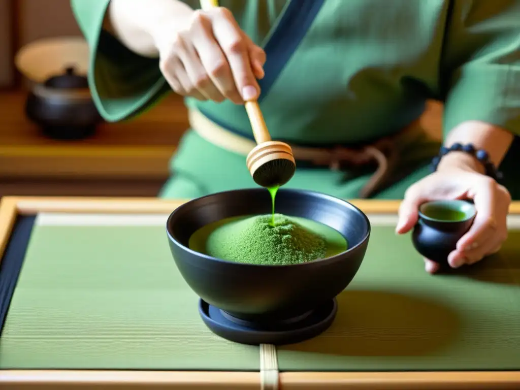 Una ceremonia del té matcha tradicional japonesa en una serena sala de tatami, con movimientos meticulosos y utensilios artesanales