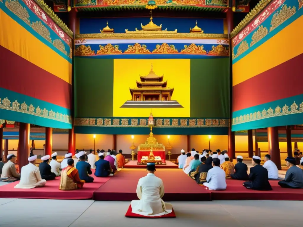 Una ceremonia religiosa tradicional en Asia, con músicos y participantes en oración