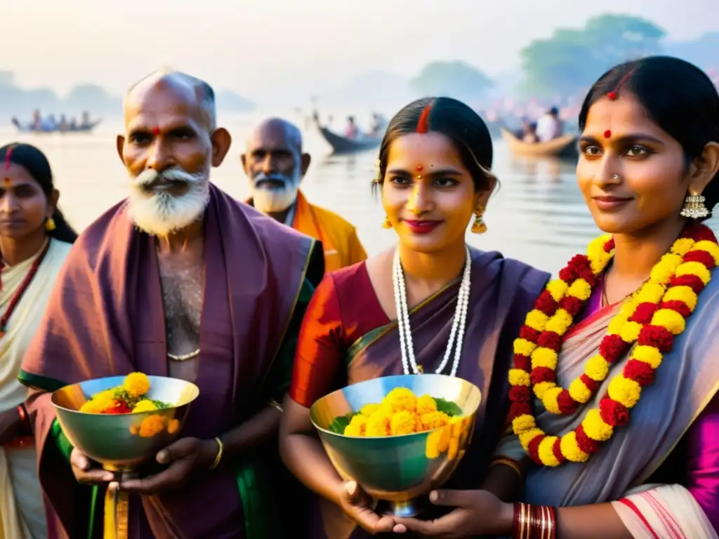 Una ceremonia ritual Brahman en las orillas del Ganges, con colores vibrantes, expresiones serenas y un entorno exuberante