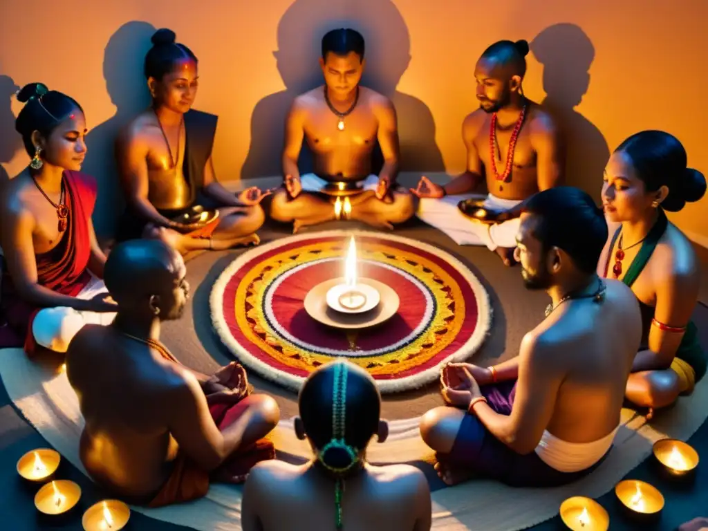 Una ceremonia tántrica llena de luz y color, con practicantes en meditación y cánticos