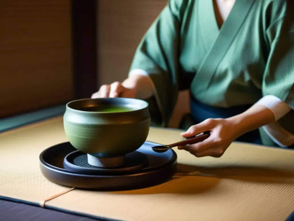 Una ceremonia de té japonesa en una habitación iluminada con luz tenue