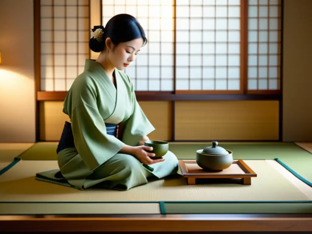 Una ceremonia de té japonesa en una habitación minimalista con luz natural filtrándose