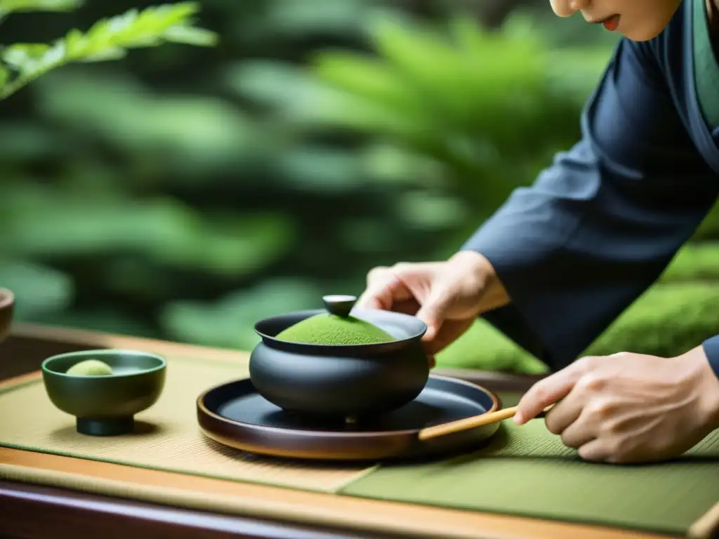 Una ceremonia tradicional del té en un apacible jardín japonés, capturando la inversión en mercado del té asiático con gracia y detalle