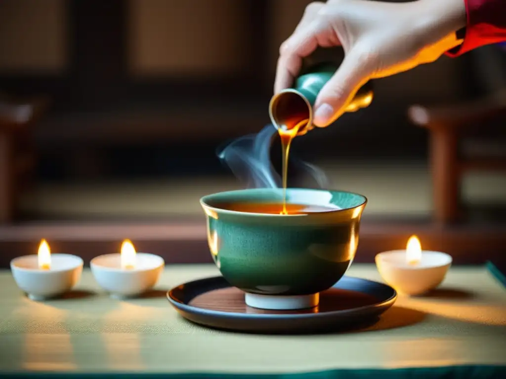 Una ceremonia del té tradicional china en una casa de té, capturando la gracia y precisión de la tradición del té en China: tradición y paisajes