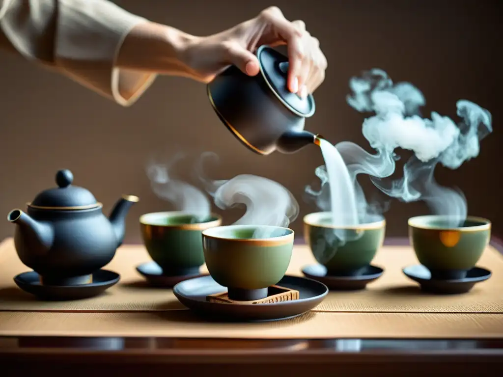 Una ceremonia de té tradicional china en un entorno sereno y minimalista, capturando la influencia cultural de El club buena estrella