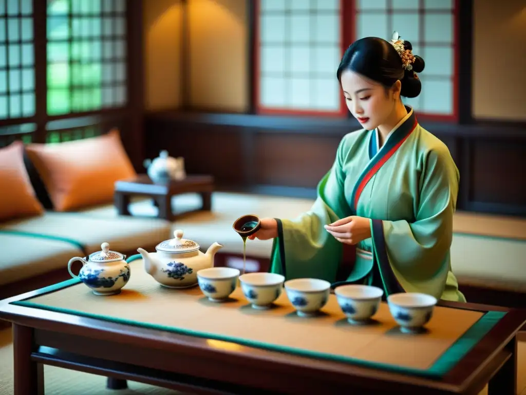 Una ceremonia de té tradicional china en una sala decorada, con detalles de la vajilla y participantes vestidos con atuendos tradicionales