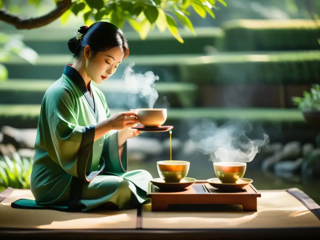 Una ceremonia tradicional china del té en un jardín tranquilo, con maestro sirviendo con precisión