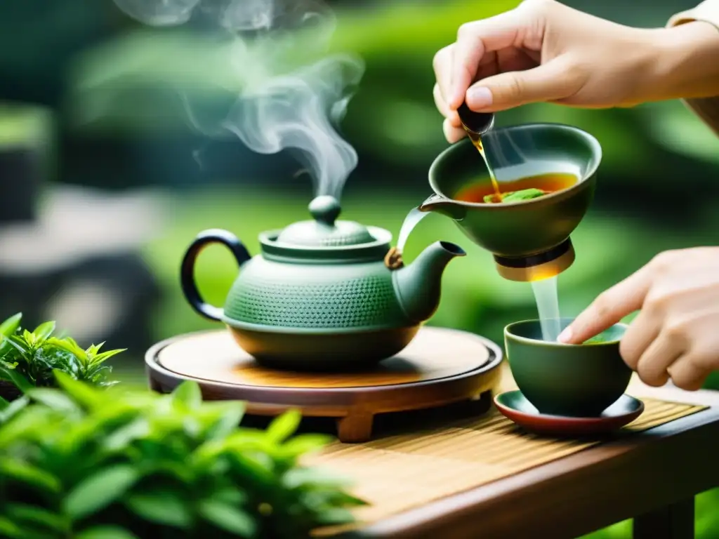 Una ceremonia de té tradicional se desarrolla en un exuberante jardín de té