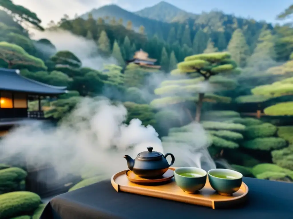 Una ceremonia de té tradicional japonesa se desarrolla en primer plano, con el monte Koya envuelto en niebla al fondo