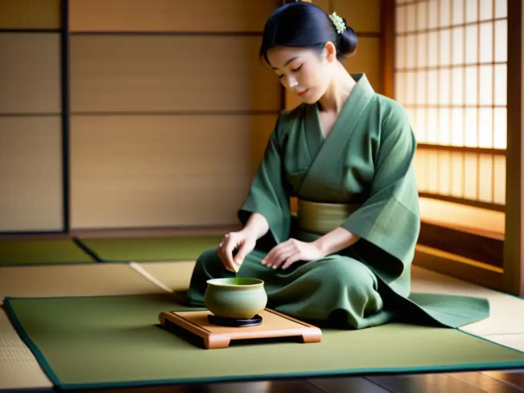 Una ceremonia de té tradicional japonesa en una tranquila habitación de tatami, transmitiendo calma y serenidad