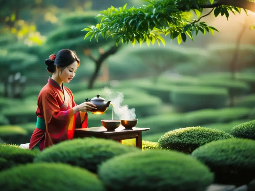 Una ceremonia tradicional del té en un jardín sereno y exuberante en la Ruta del té en China: tradición y paisajes