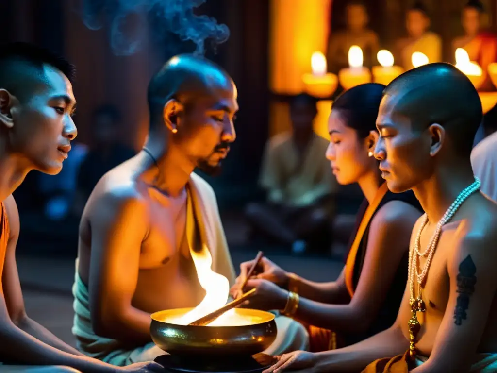 Una ceremonia tradicional de Sak Yant en un templo iluminado con incienso y luz de velas