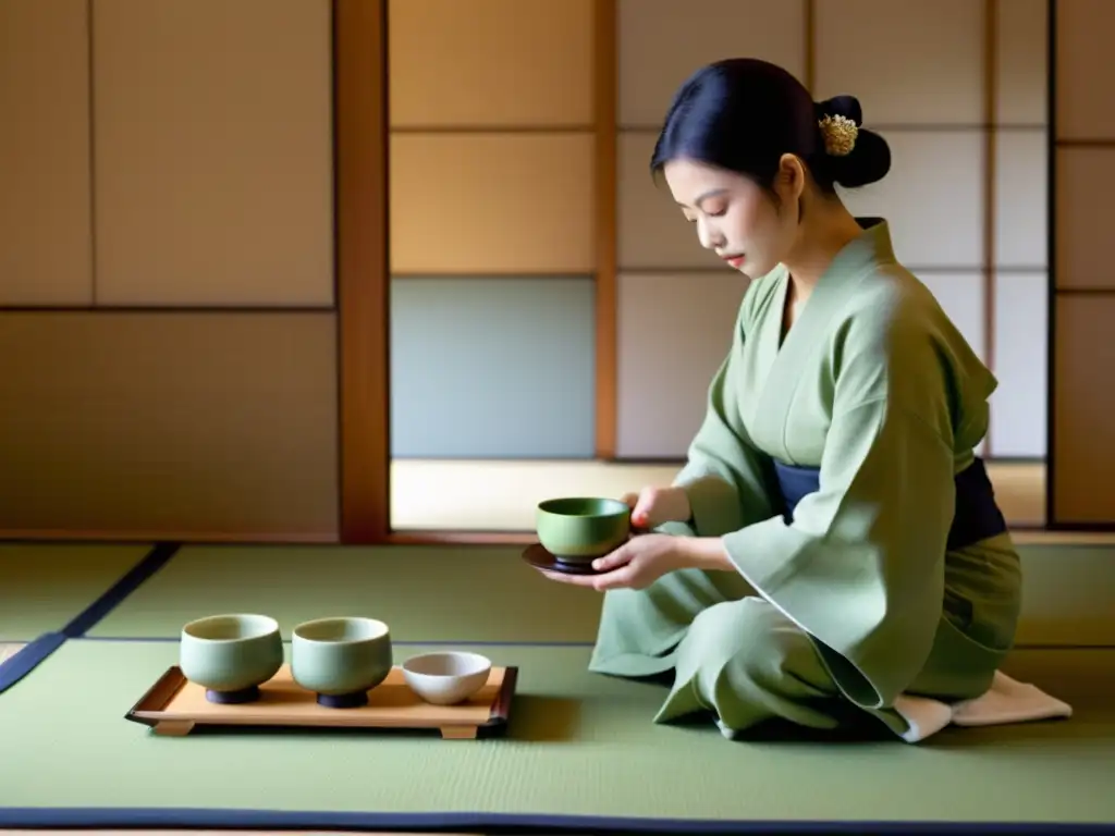 Ceremonia del Té en Asia: Una tranquila ceremonia japonesa del té en una sala tradicional de tatami, con una atmósfera serena y elegante