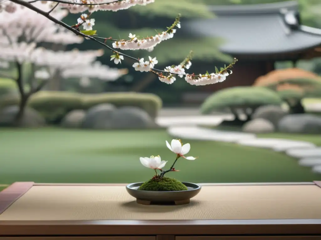 Un cerezo solitario deja caer un pétalo en un jardín japonés, capturando la belleza minimalista y simbólica de la animación japonesa