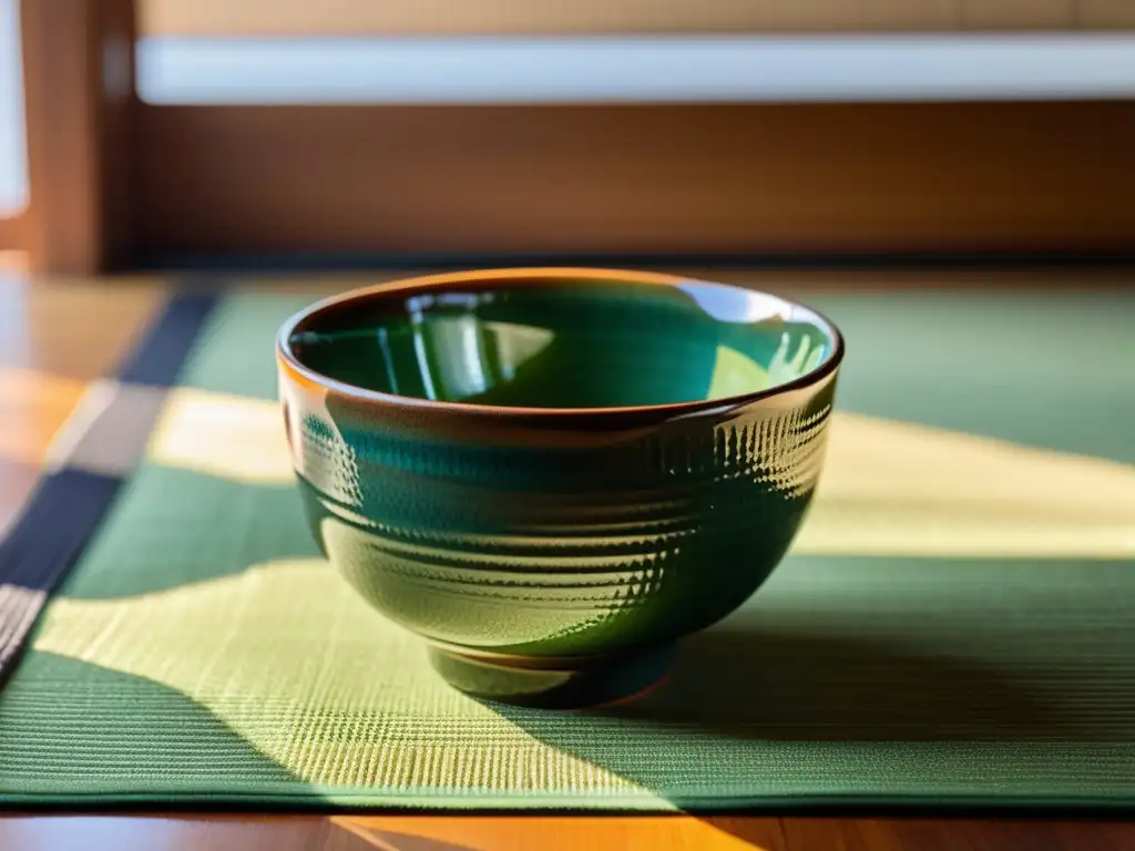 Chawan japonés artesanal sobre tatami, con patrones intrincados y hermosa transición de color