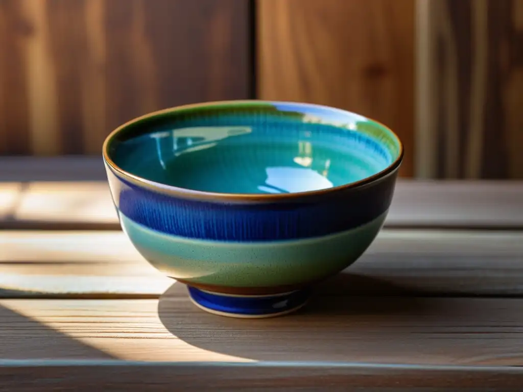 Un chawan japonés tradicional con diseños pintados a mano en tonos azules y verdes sobre madera texturizada