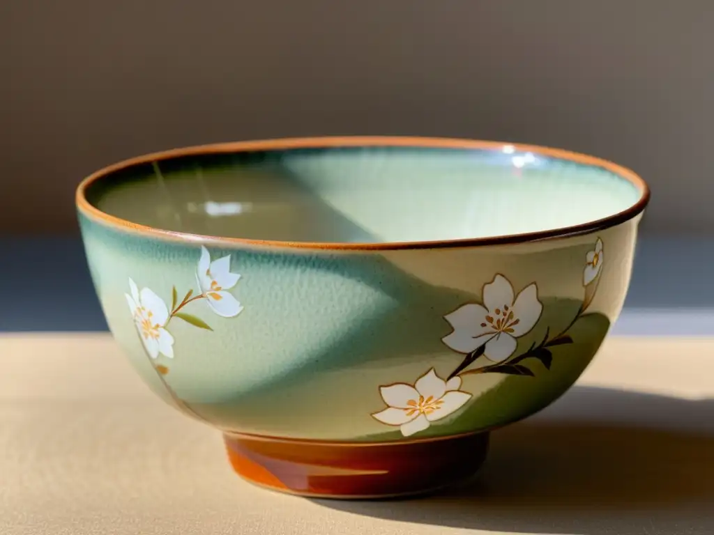 Una chawan japonesa tradicional con un hermoso motivo de cerezo pintado a mano y una estética de filosofía cerámica asiática