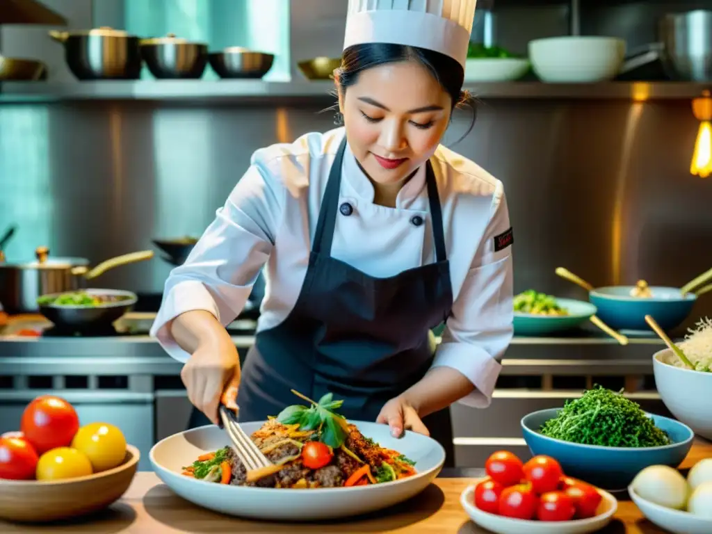 Chef asiática celebra la culinaria con destreza y pasión en una vibrante cocina llena de ingredientes frescos